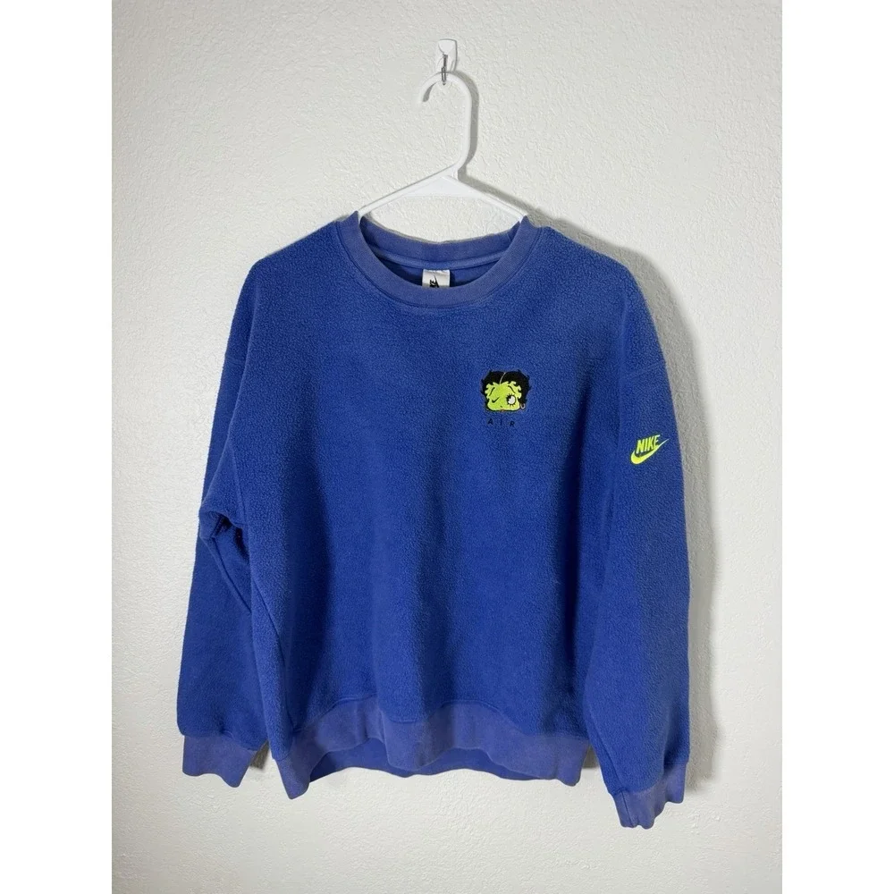Womens NIKE X Olivia Kim Betty Boop Blue Fuzzy Crew Sweatshirt Small CT2024-480